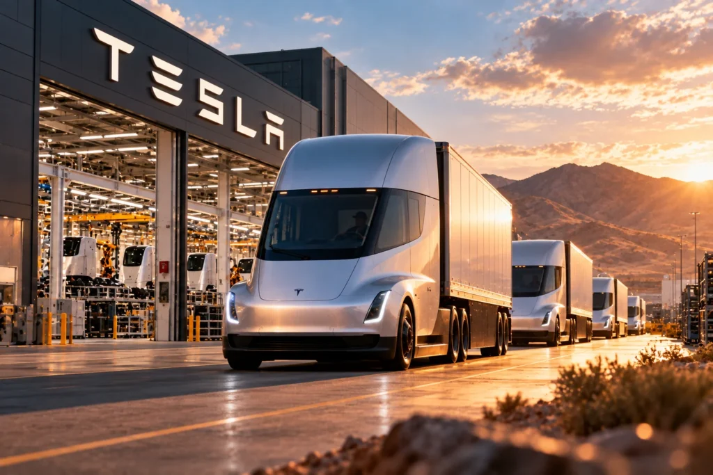 Tesla Semi Masuk Produksi Massal, Pesanan Mulai Mengalir - Blog Nanovest Ilustrasi armada Tesla Semi keluar dari pabrik di Nevada, menggambarkan dimulainya produksi massal truk listrik Tesla seiring pesanan komersial yang mulai meningkat.