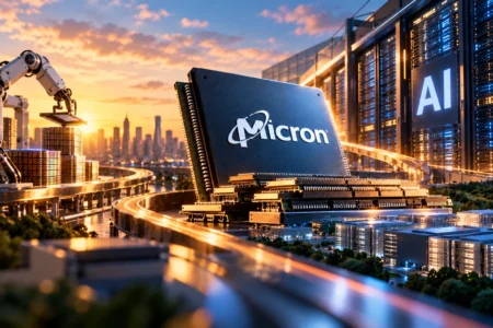 Futuristic data center scene with a Micron memory module on a curved track, a robotic arm, and sunset-lit city skyline beside AI server racks.
