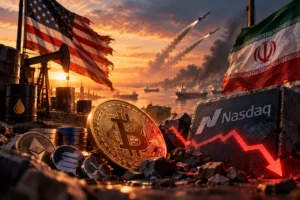 Ilustrasi Bitcoin dan Nasdaq di tengah ketegangan AS-Iran serta kenaikan harga minyak, menggambarkan tekanan terhadap aset berisiko akibat meningkatnya ketidakpastian geopolitik.