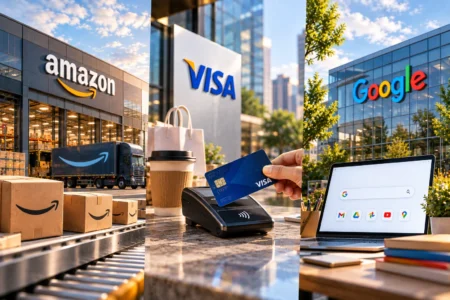 Collage showing ecommerce and digital payments: Amazon warehouse with boxes, a hand tapping a Visa card at a payment terminal, and a laptop beside a Google-branded building.