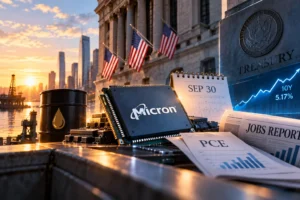 Micron microchip on a desk with a Sep 30 calendar, rising stock chart, and finance papers against a city sunset backdrop.