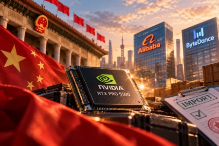 China Pertimbangkan Izinkan Alibaba Beli Chip Nvidia - Blog Nanovest Ilustrasi chip Nvidia RTX PRO 5500 dengan latar China, Alibaba, dan ByteDance, menggambarkan pertimbangan Beijing untuk membuka akses pembelian chip Nvidia bagi perusahaan teknologi domestik.