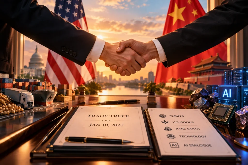 AS-China Perpanjang Gencatan Dagang, Dialog AI Berlanjut - Blog Nanovest Two executives shake hands over a desk with a treaty document as US and China flags wave at sunset in the background.