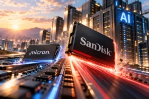 Ilustrasi chip penyimpanan SanDisk melaju di depan Micron menuju pusat data AI, menggambarkan lonjakan saham SanDisk 22% setelah earnings Micron memperkuat optimisme terhadap industri memory dan storage.