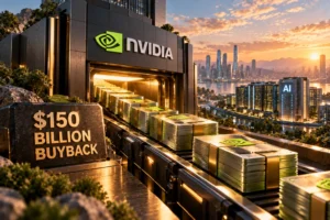 Ilustrasi fasilitas Nvidia dengan tumpukan dana di jalur buyback senilai US$150 miliar, berlatar pusat data AI, menggambarkan besarnya pembelian kembali saham di tengah pertumbuhan bisnis AI.