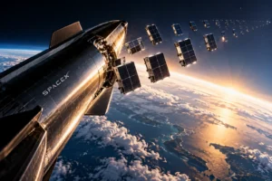 Ilustrasi Starship mencapai orbit Bumi sambil melepaskan rangkaian satelit Starlink, menggambarkan keberhasilan SpaceX mengirimkan muatan operasional menggunakan Starship untuk pertama kalinya.