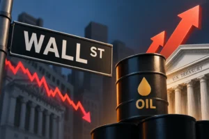 Wall St street sign with oil barrels and upward stock arrows in a financial city scene at dusk.