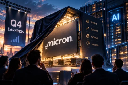 Micron Siap Rilis Earnings, Kejutan Besar Ini Jadi Sorotan Investor - Blog Nanovest Ilustrasi chip Micron menjelang laporan earnings kuartal keempat dengan latar pusat data AI, menyoroti ekspektasi kinerja, guidance, serta potensi buyback dan dividen.
