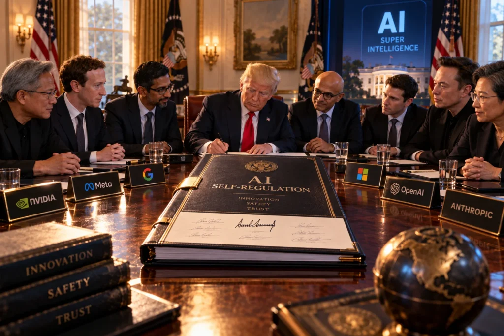 Trump Kumpulkan CEO Teknologi, Sepakati Self-Regulation AI - Blog Nanovest Ilustrasi Donald Trump menandatangani kesepakatan self-regulation AI bersama para pemimpin perusahaan teknologi di Gedung Putih, menggambarkan kolaborasi pemerintah dan industri dalam menetapkan standar keamanan AI.
