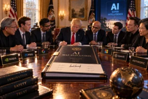Ilustrasi Donald Trump menandatangani kesepakatan self-regulation AI bersama para pemimpin perusahaan teknologi di Gedung Putih, menggambarkan kolaborasi pemerintah dan industri dalam menetapkan standar keamanan AI.