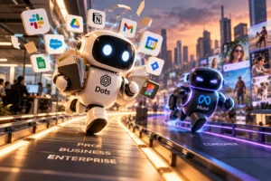 Ilustrasi AI agent OpenAI Dots dan Meta Muse berlomba di jalur berbeda, menggambarkan persaingan AI agent dengan Dots terhubung ke berbagai aplikasi untuk menjalankan pekerjaan pengguna.