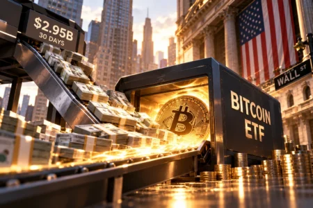 ETF Bitcoin Catat Inflow US,95 Miliar dalam 30 Hari - Blog Nanovest Conveyor feeding bundles of cash into a vault displaying a glowing Bitcoin symbol, labeled Bitcoin ETF, with Wall Street and American flag in the background.