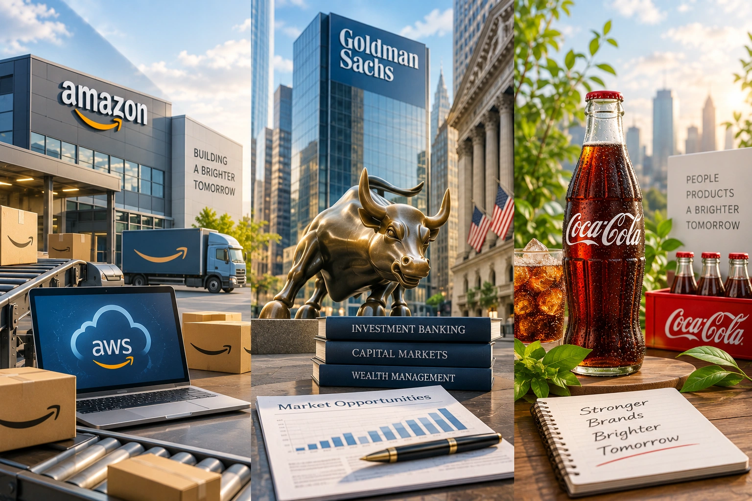Collage of corporate scenes: Amazon fulfillment center, a bronze bull statue in a financial district, and a Coca-Cola bottle with a city backdrop.