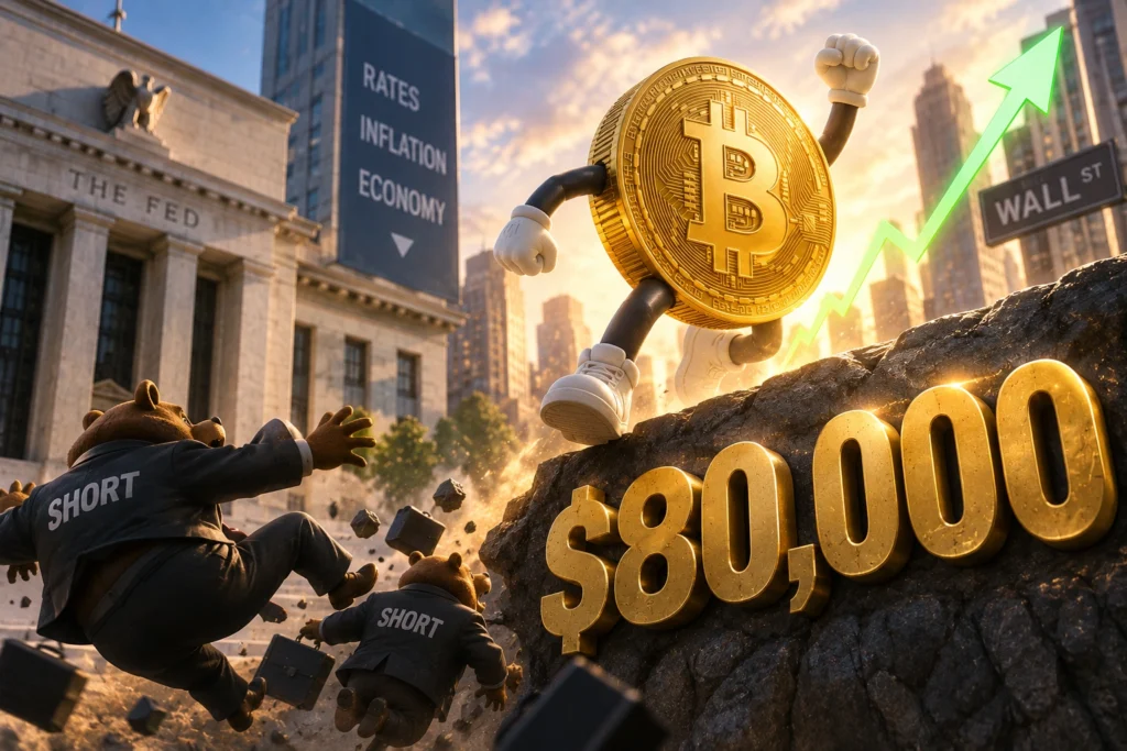 ChatGPT Image Sep 4 2026 01_25_40 PM - Blog Nanovest Bitcoin mascot with arms raised on a rock beside a large $80,000 sign, as bears labeled SHORT tumble debris in the foreground and a rising arrow signals market rally behind Wall Street and a federal building backdrop