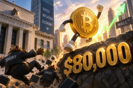 Bitcoin mascot with arms raised on a rock beside a large $80,000 sign, as bears labeled SHORT tumble debris in the foreground and a rising arrow signals market rally behind Wall Street and a federal building backdrop