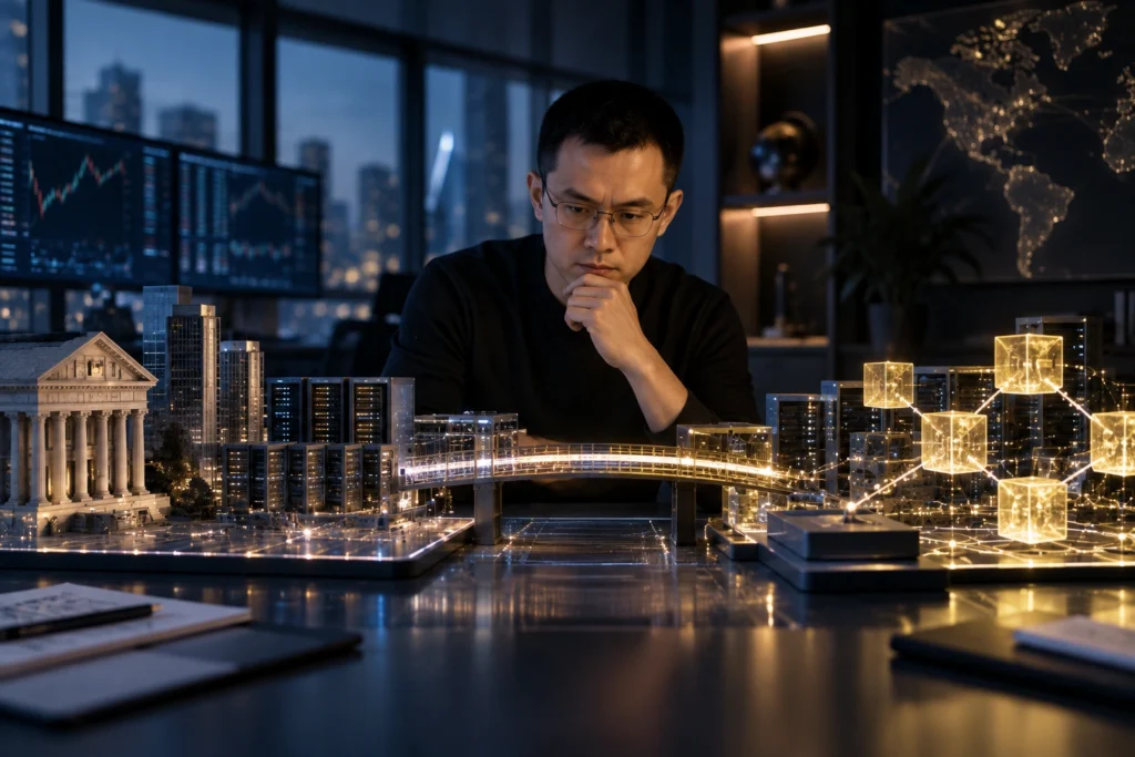 ChatGPT Image Sep 4 2026 02_31_59 PM - Blog Nanovest Man with glasses studies an illuminated architectural model of a city at a dark desk in a high-tech office.
