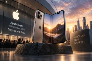 Ilustrasi iPhone lipat Apple terbuka di depan Apple Store, menggambarkan potensi kategori produk baru dan katalis pertumbuhan bisnis Apple.