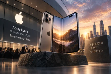 Ilustrasi iPhone lipat Apple terbuka di depan Apple Store, menggambarkan potensi kategori produk baru dan katalis pertumbuhan bisnis Apple.