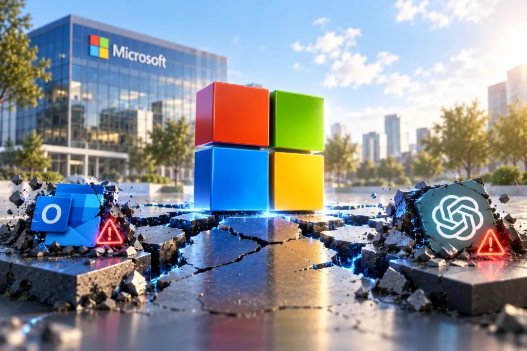 ChatGPT Image Sep 7 2026 05_28_24 PM - Blog Nanovest Four colorful 3D cubes stacked on a cracked pavement with a Microsoft building in the background, symbolizing tech disruption.