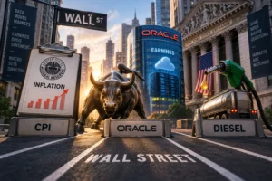 Bronze bull statue on Wall Street with the Oracle building in the background and a gas pump nearby.