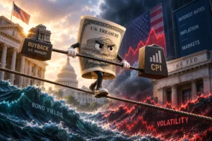 Animated dollar bill lifting a barbell labeled CPI and Buyback, battling bond yields and market volatility amidst financial landmarks.