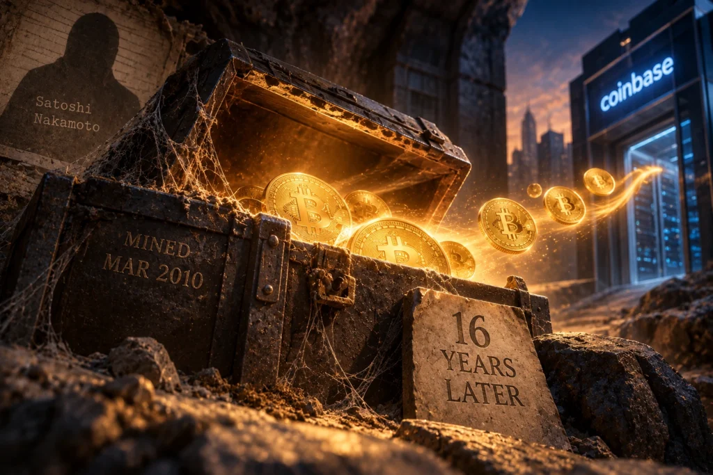 ChatGPT Image Sep 7 2026 10_02_08 AM - Blog Nanovest Chest of mining reveals glowing Bitcoin coins pouring out toward a Coinbase storefront, with a stone plaque reading '16 YEARS LATER' in the foreground.