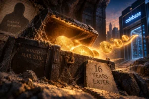 Chest of mining reveals glowing Bitcoin coins pouring out toward a Coinbase storefront, with a stone plaque reading '16 YEARS LATER' in the foreground.