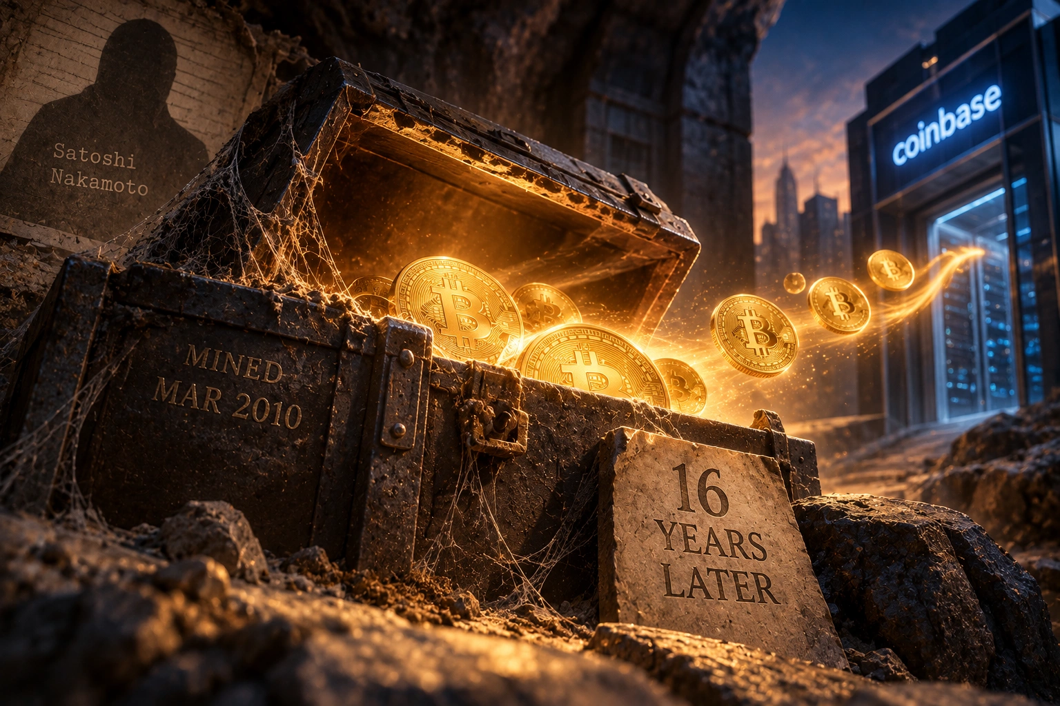 Chest of mining reveals glowing Bitcoin coins pouring out toward a Coinbase storefront, with a stone plaque reading '16 YEARS LATER' in the foreground.