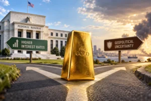 Gold bar sitting on a road at a crossroads, with signs reading 'Higher Interest Rates' and 'Geopolitical Uncertainty' and the Federal Reserve building in the background.