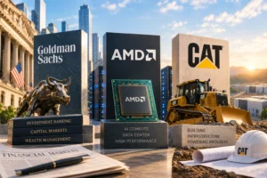 Brand montage featuring Goldman Sachs, AMD, and CAT logos with a bulldog statue, chip, and construction site gear.