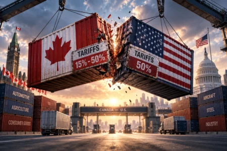 Kanada Balas Tarif AS, Perang Dagang Kembali Memanas Two shipping containers painted with Canada and U.S. flags collide, with sparks and a Tariffs sign showing 15%–50%.