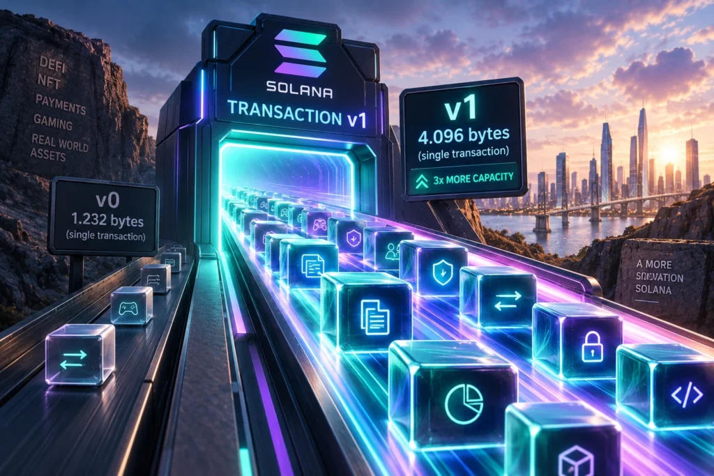 ChatGPT Image Sep 8 2026 09_38_29 AM - Blog Nanovest Ilustrasi upgrade Solana Transaction v1 yang memperbesar kapasitas transaksi dari 1.232 byte menjadi 4.096 byte, memungkinkan lebih banyak operasi kompleks diproses dalam satu transaksi.
