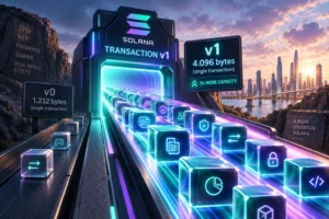 Ilustrasi upgrade Solana Transaction v1 yang memperbesar kapasitas transaksi dari 1.232 byte menjadi 4.096 byte, memungkinkan lebih banyak operasi kompleks diproses dalam satu transaksi.