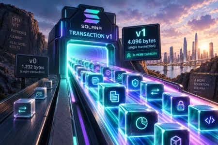 ChatGPT Image Sep 8 2026 09_38_29 AM - Blog Nanovest Ilustrasi upgrade Solana Transaction v1 yang memperbesar kapasitas transaksi dari 1.232 byte menjadi 4.096 byte, memungkinkan lebih banyak operasi kompleks diproses dalam satu transaksi.