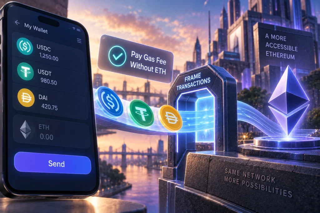 ChatGPT Image Sep 8 2026 12_14_10 PM - Blog Nanovest Ilustrasi wallet Ethereum dengan saldo ETH kosong yang tetap dapat mengirim stablecoin melalui mekanisme Frame Transactions, menggambarkan fitur pembayaran gas fee tanpa harus memiliki ETH.