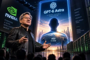 Ilustrasi Jensen Huang di depan infrastruktur server Nvidia dan visual GPT-6 Astra, menggambarkan peluncuran model AI baru serta klaim bahwa perkembangan AI telah mencapai era AGI.