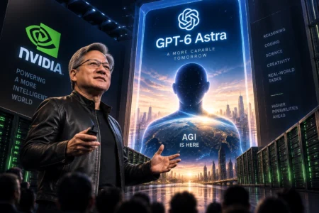 Ilustrasi Jensen Huang di depan infrastruktur server Nvidia dan visual GPT-6 Astra, menggambarkan peluncuran model AI baru serta klaim bahwa perkembangan AI telah mencapai era AGI.