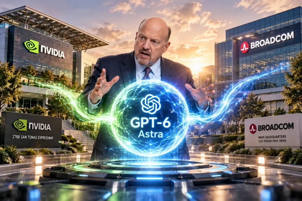 ChatGPT Image Sep 9 2026 01_00_50 PM - Blog Nanovest Jim Cramer holding the futuristic AI core of GPT-6 Astra, with Nvidia and Broadcom HQs in the background.