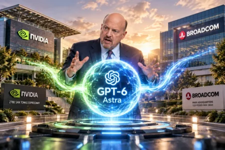 Jim Cramer holding the futuristic AI core of GPT-6 Astra, with Nvidia and Broadcom HQs in the background.