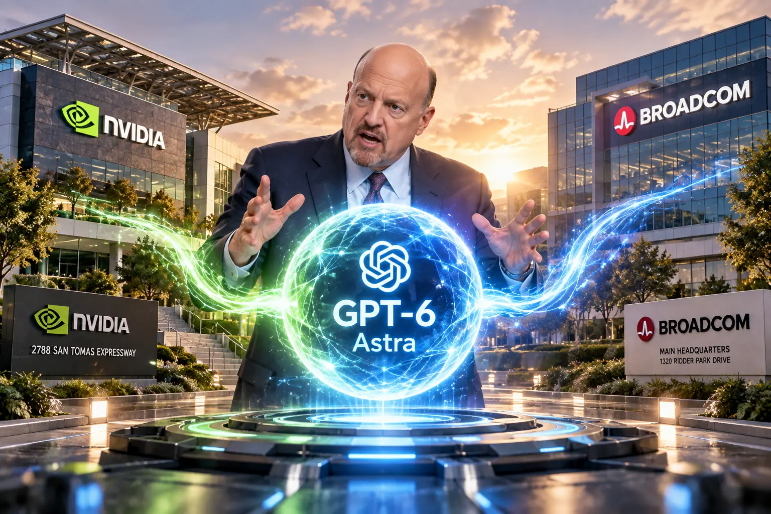 Jim Cramer holding the futuristic AI core of GPT-6 Astra, with Nvidia and Broadcom HQs in the background.