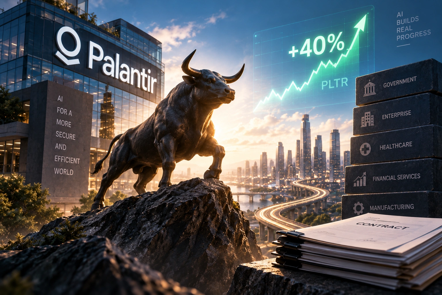 Ilustrasi Palantir dengan banteng yang melambangkan reli saham, grafik PLTR naik 40%, dan tumpukan kontrak yang menggambarkan pertumbuhan bisnis AI di sektor komersial dan pemerintahan.