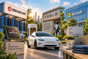 Ilustrasi editorial menampilkan tiga jalur monetisasi AI: infrastruktur chip dan data center Broadcom, mobil listrik dan robot humanoid Tesla sebagai representasi physical AI, serta ekosistem cloud Microsoft. Logo Broadcom, Tesla, dan Microsoft terlihat jelas dalam suasana kota modern yang terang dan realistis.