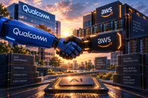 Ilustrasi Qualcomm dan AWS berjabat tangan di atas chip AI dengan latar data center, menggambarkan kerja sama pengembangan chip, konektivitas, dan infrastruktur AI untuk kebutuhan inference.