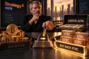 Ilustrasi peralihan alokasi modal Strategy dari pembelian Bitcoin menuju buyback saham preferen STRC, menggambarkan jeda akumulasi BTC dan penggunaan US$176,3 juta untuk memperkuat struktur pendanaan perusahaan.