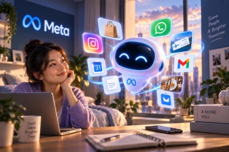 ChatGPT Image Sep 9 2026 09_39_14 AM - Blog Nanovest Young woman in a purple cardigan sits at a desk with a laptop, smiling at a glowing AI robot surrounded by app icons in a bright room with a Meta sign in the background.