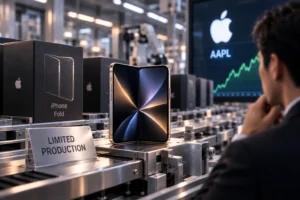 Ilustrasi iPhone lipat Apple di lini produksi dengan jumlah unit terbatas, sementara investor memantau pergerakan saham AAPL menjelang peluncuran produk baru.