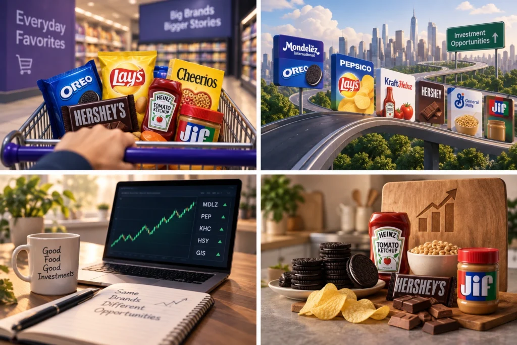 Collage showing snack brand imagery and investment theme: shopping cart with Oreos, Lay’s, Cheerio’s, Heinz, Jif; highway billboards for Mondelez, Lay’s, Hershey’s; a laptop stock chart and a mug reading 'Good Food Good Investments'; chips, cookies, and ketchup with growth icons.
