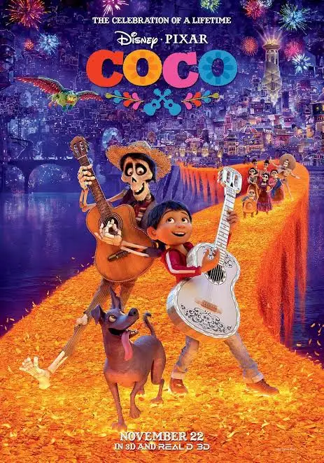 Coco 2017 - Blog Nanovest Movie poster for Coco: Miguel with a guitar and a white guitar, his dog Dante on a glowing orange bridge at night, colorful city in background, fireworks above, title Coco at top.