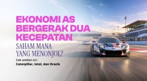 Racing car speeds along a track with a large pink Indonesian headline on the left reading 'EKONOMI AS BERGERAK DUA KECEPATAN'.