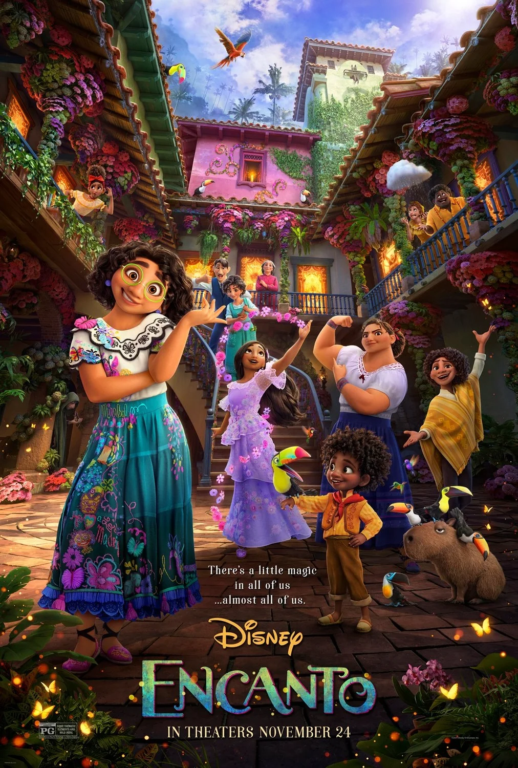 Encanto 2021 - Blog Nanovest Colorful poster for Disney's Encanto showing Mirabel with glasses and her family in a vibrant courtyard filled with flowers and colorful houses.
